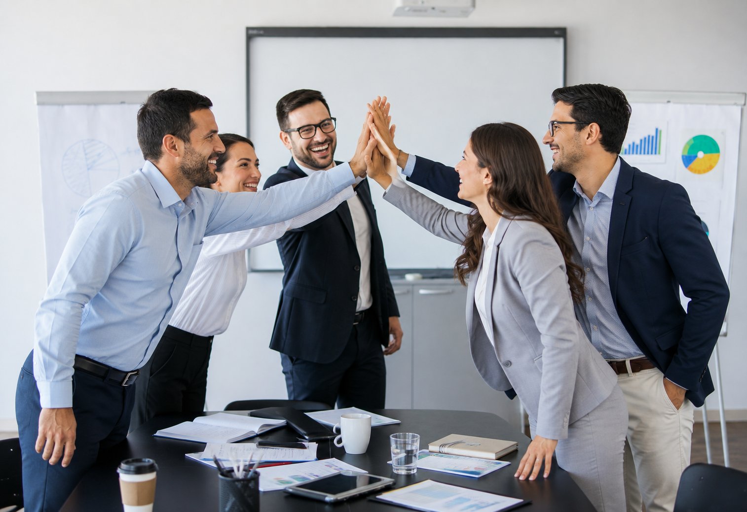 Equipe corporativa em reunião de gestão de benefícios empresariais